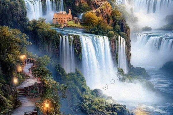 "Dreamlike digital painting of a castle on a cliff with cascading waterfalls."