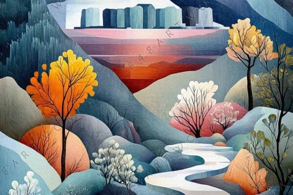 "Colorful abstract landscape painting with stylized trees, mountains, and winding river."