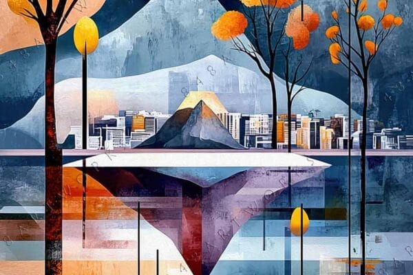 "Abstract digital painting of stylized landscape with mountains, cityscape, and orange trees."