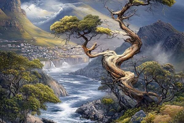 Digital painting of a twisted tree, flowing river, and mountains under dramatic clouds.