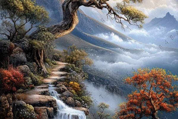 "Dramatic landscape painting with winding path, waterfall, and trees in vibrant autumn colors."