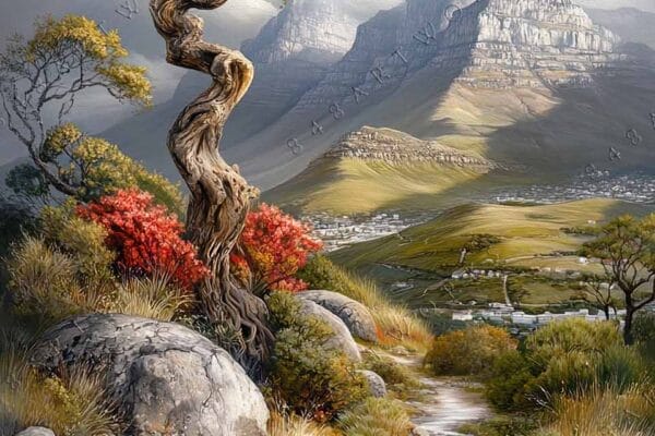 "Realistic painting of a twisted tree, colorful foliage, and mountains under dramatic clouds."