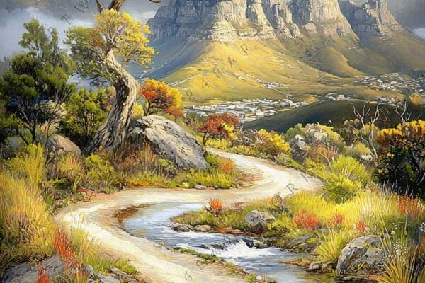 Landscape painting of a winding path, tree, and mountains under a cloudy sky.