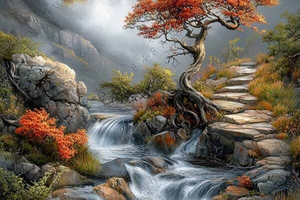 Realistic painting of a mountain landscape with cascading waterfall and vibrant autumn trees.