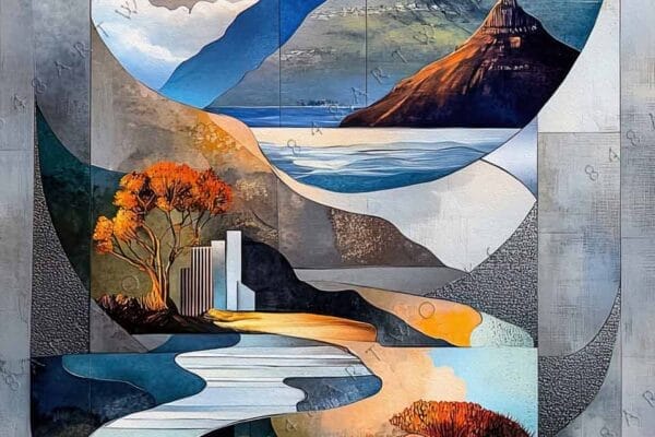 "Geometric digital art of a landscape with orange sun and blue mountains."