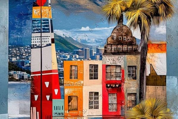 "Colorful collage-style digital art of urban landscape with mountains and geometric shapes."