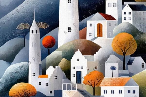 "Whimsical digital painting of a coastal village with boats, trees, and birds in flight."