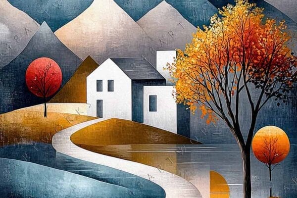 "Abstract digital painting of mountain landscape with orange sun, trees, and house reflections."