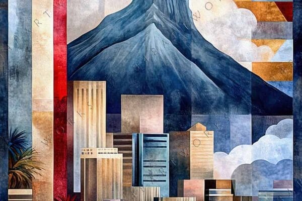"Abstract geometric painting of a cityscape and mountains in blue, gold, and red tones."