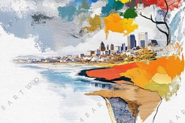 "Colorful digital painting of a mountain, cityscape, and autumn tree with abstract elements."