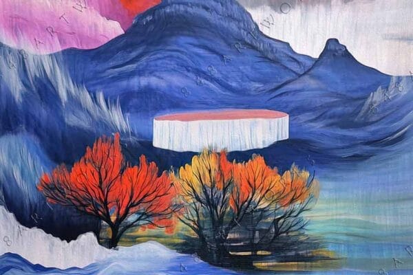 Abstract painting of a mountain scene with vibrant orange and blue swirling clouds.