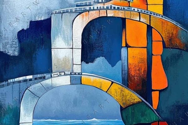 Abstract painting of arches and ocean waves in vibrant blues, oranges, and greens.
