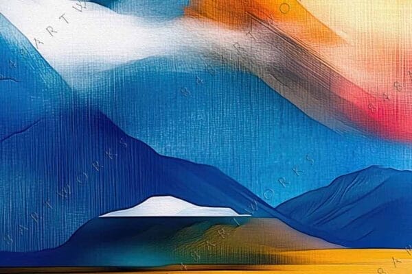 Abstract digital painting of colorful mountains in vibrant blue, yellow, and red tones.