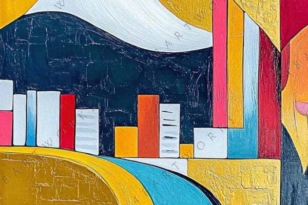 Abstract digital painting with geometric shapes in yellow, blue, red, and white tones.