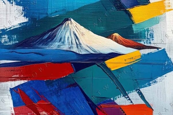 "Abstract painting with vibrant blue, yellow, and red geometric shapes and white peaks."