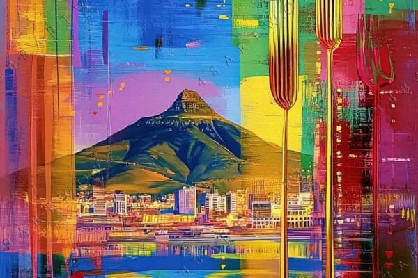 Digital abstract painting of vibrant utensils and mountain over colorful cityscape.