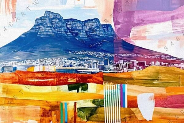 "Abstract painting with vibrant colors overlaying a landscape featuring a distant mountain."