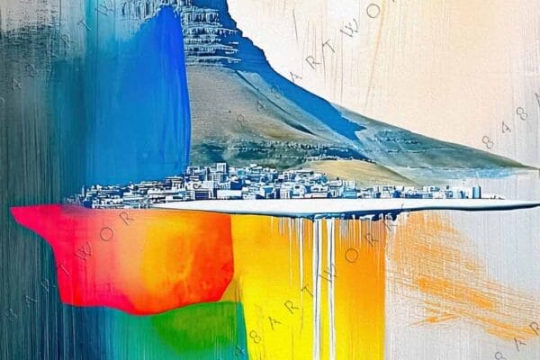 "Abstract digital painting of a mountain with vibrant geometric shapes and drips."