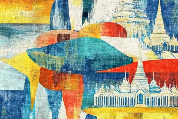 "Abstract digital painting of vibrant geometric shapes with temple silhouettes in red, yellow, blue."