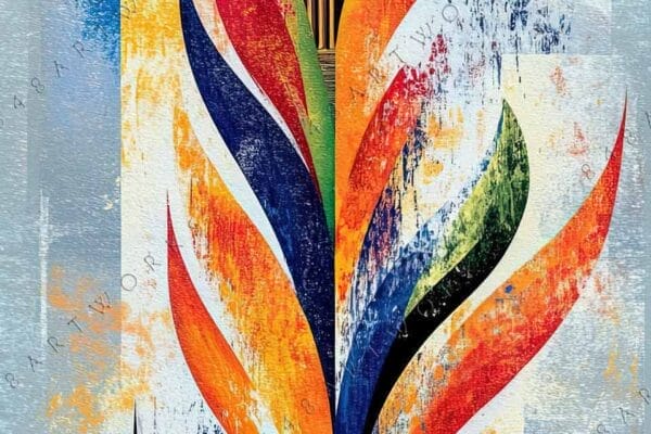 Abstract digital art featuring colorful leaf shapes and a detailed temple spire.
