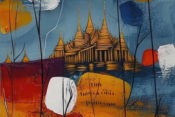 "Abstract painting with temple silhouette, vibrant reds, yellows, and blues, textured brushstrokes."