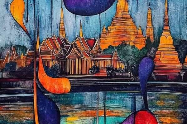 Abstract painting of Thai temple with vibrant orange and blue swirling shapes.