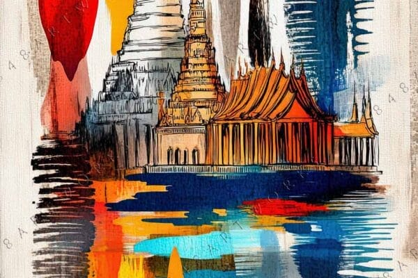 Abstract digital art of Thai temple with colorful vertical brush strokes.