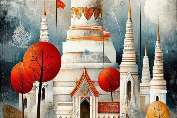 "Whimsical digital painting of fantastical temple with red trees and orange flags."