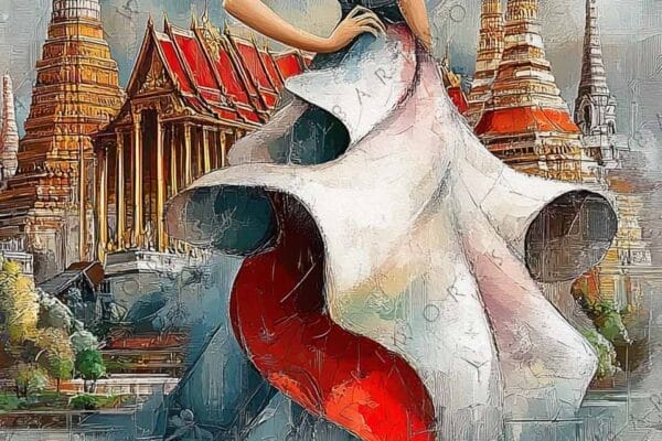 "Impressionist painting of a woman in a flowing dress by colorful Thai temples."