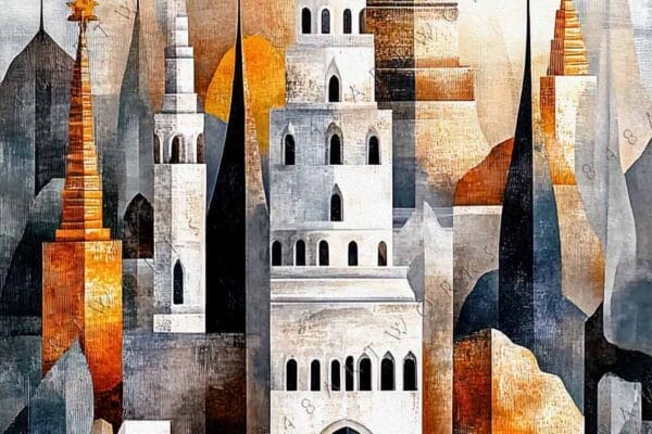 Abstract digital art of a stylized cityscape with orange sun and flowers.