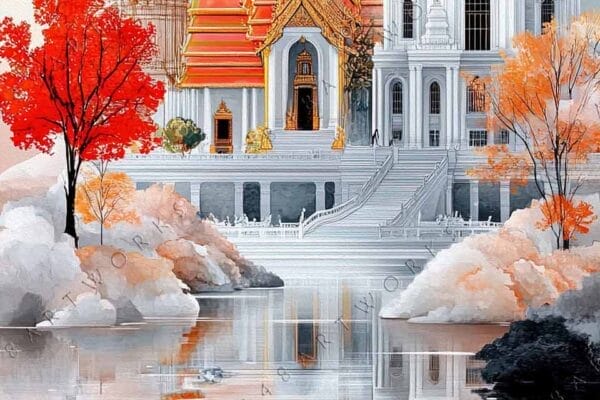 Digital artwork of a grand temple, orange trees, and reflective water with a boat.