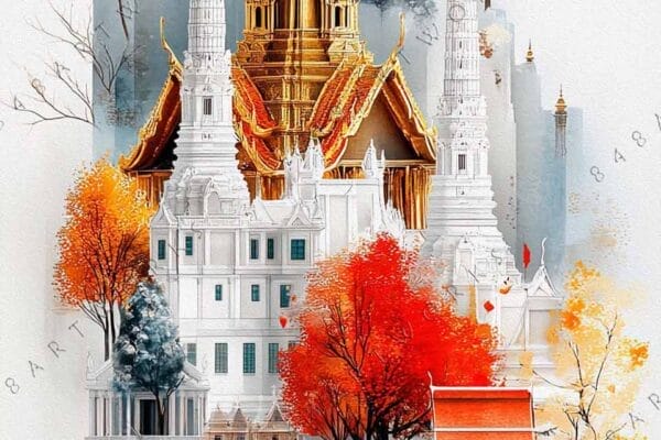 "Watercolor landscape with golden spires and vibrant red-orange trees."