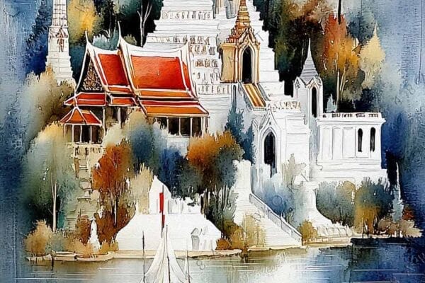 Watercolor painting of a Thai temple by a river with sailboat, in muted colors.