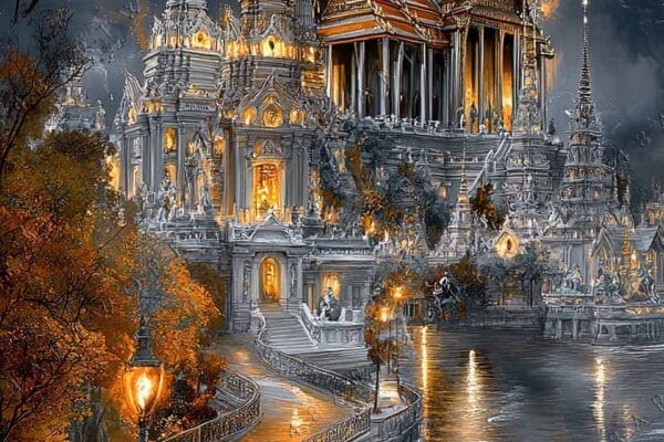 Digital painting of an illuminated temple, dark sky, and reflections in a winding path.