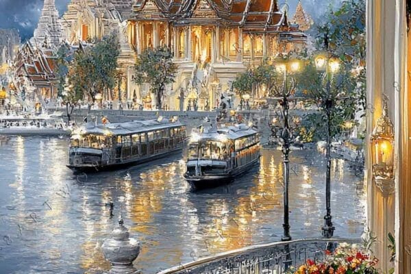 Digital painting of a lit temple by a river, evening sky in gray and blue.