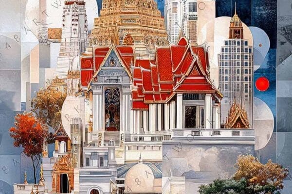 "Geometric digital art of Thai temple architecture with blue and red accents."