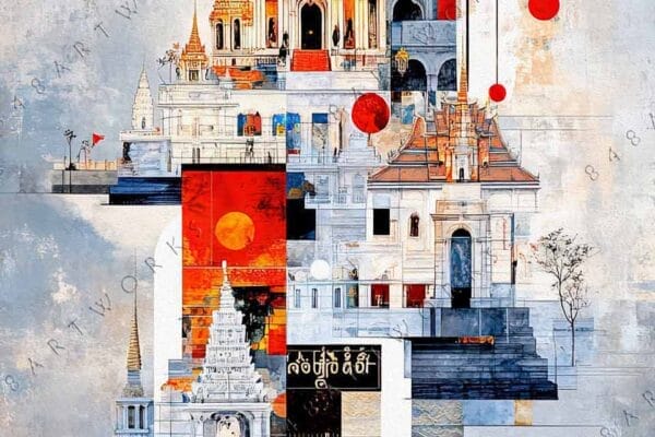"Abstract digital art of temples with geometric patterns in red, orange, and blue."