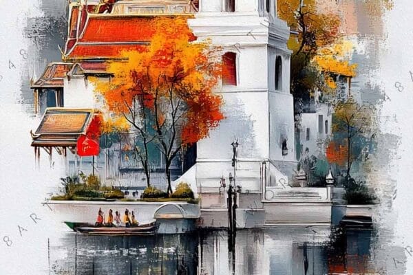 "Impressionistic digital art of ornate temple with vibrant autumn trees and reflections."