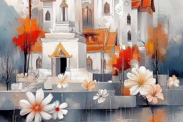 "Digital painting of temple with autumn trees and flowers in orange and gray tones."