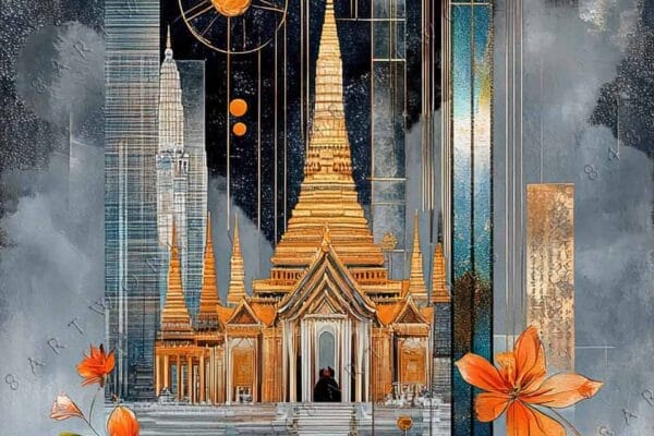 "Abstract digital art of a golden temple with geometric patterns and orange accents."
