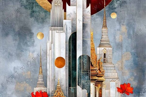 "Surreal digital painting of futuristic temple with red sky and geometric shapes."