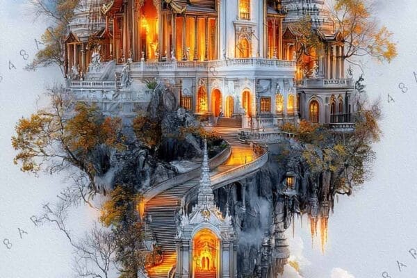 Digital painting of a floating temple with golden spires and mountainous backdrop.