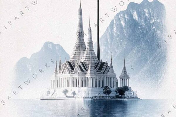 "Digital painting of a white temple with a tree, mountains, and water reflection."