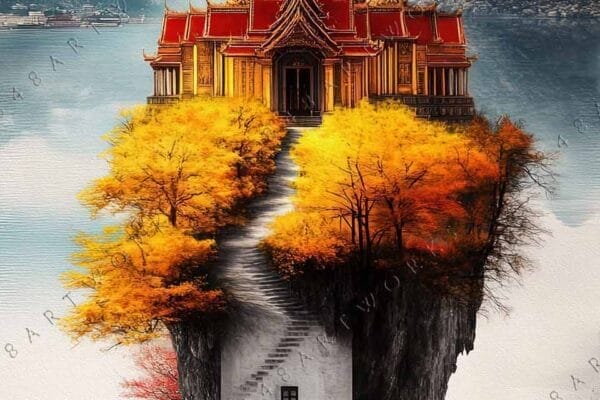 Surreal digital artwork of a temple on a floating rock with autumn trees.