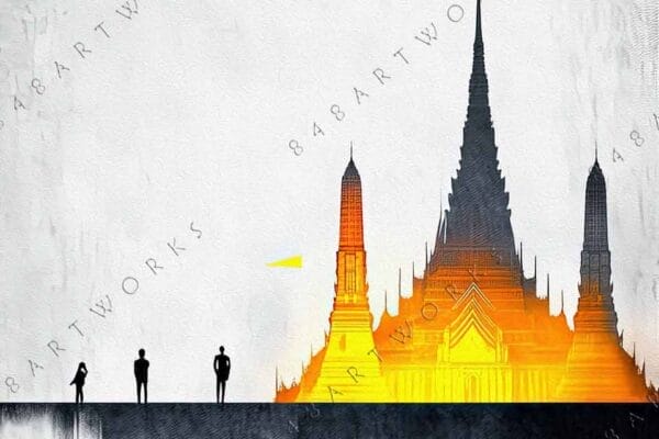 "Digital artwork of silhouetted figures and illuminated temple against grayscale textured background."