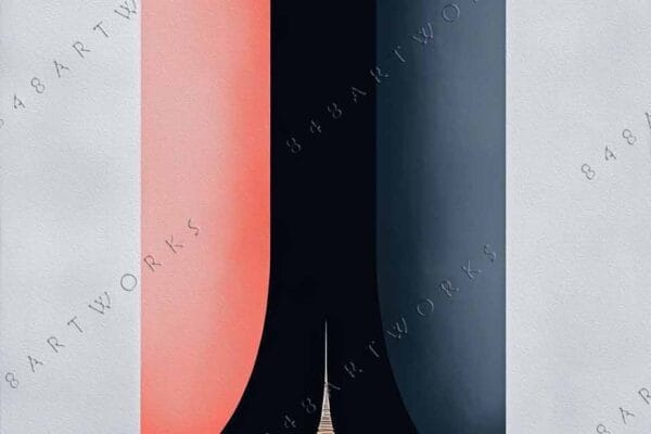 Surreal digital painting of ornate temple with abstract red, black, and gray vertical elements.