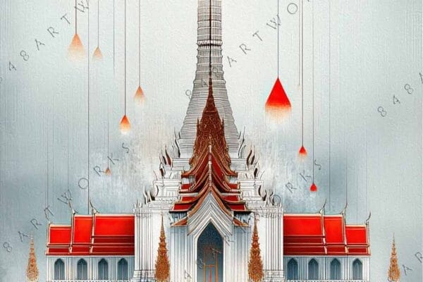 "Digital art of a temple with red roofs, surrounded by mist and hanging lights."