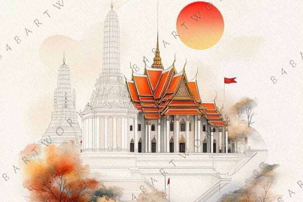 "Digital painting of a temple with orange roofs, rocks, and autumn trees under abstract sky."