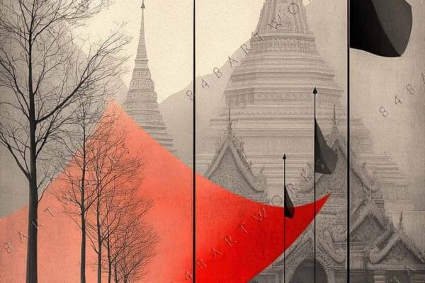 Minimalist digital art of temples with red accents and silhouetted figures, in grayscale.