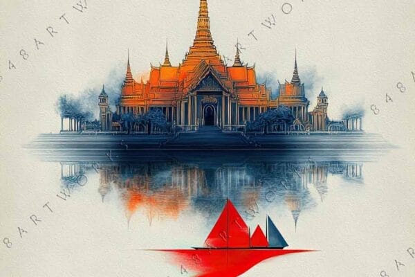 Digital art of an orange-roofed temple reflecting in water, with minimalist design elements.